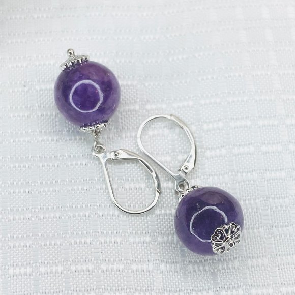 Sterling Silver Lavender Jade Bead Drop Leverback Earrings - Picture 4 of 5